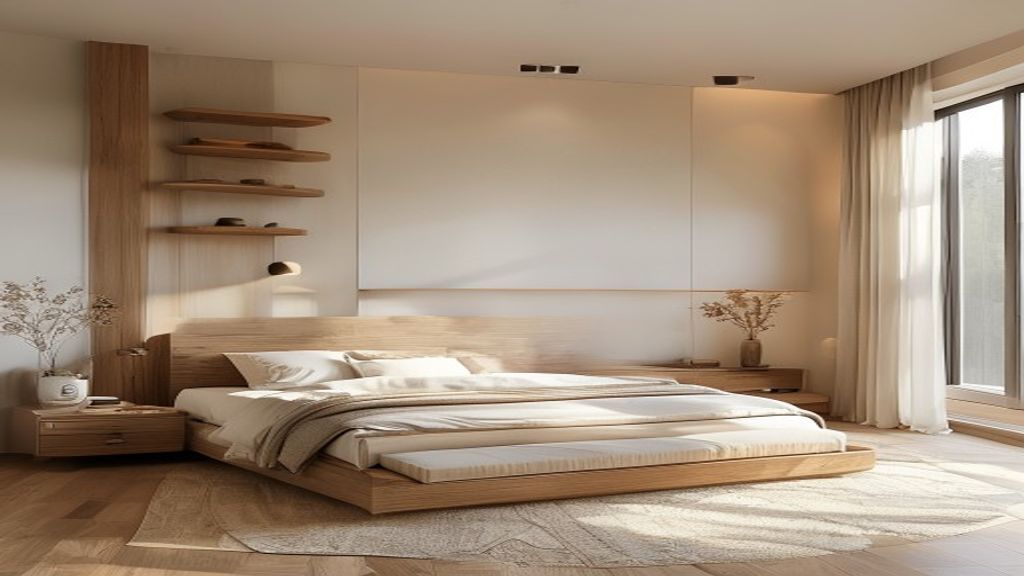 Modern bedroom furniture set featuring a sleek bed, nightstand, and dresser in light wood finish