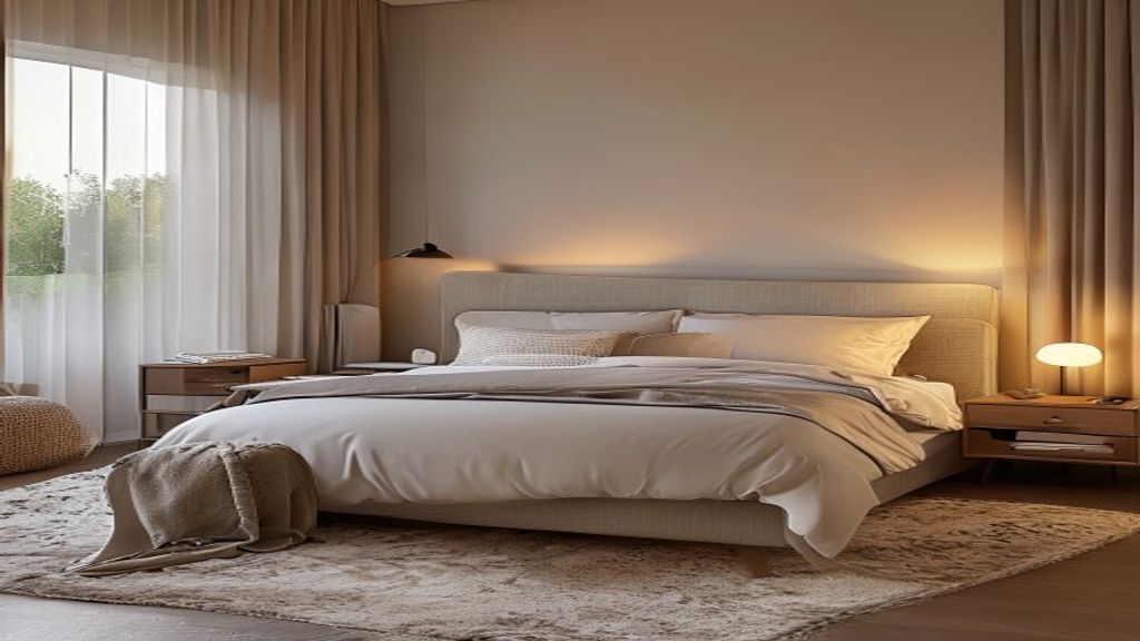 Cozy bedroom set featuring a modern bed, nightstand, and dresser in soft neutral tones.
