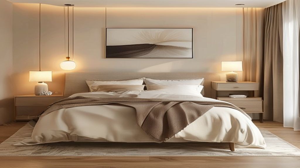 Coordinated bedroom set featuring a queen bed, nightstands, and dresser in a modern wood finish.