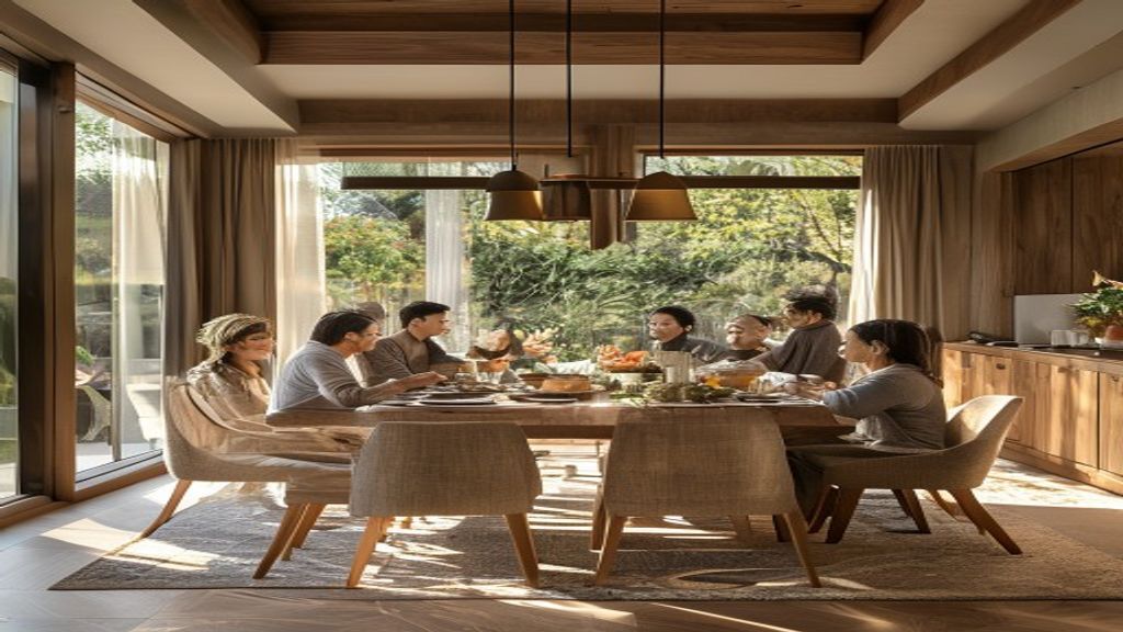 Elegant wooden dining room set table with matching chairs, perfect for family meals and stylish gatherings.