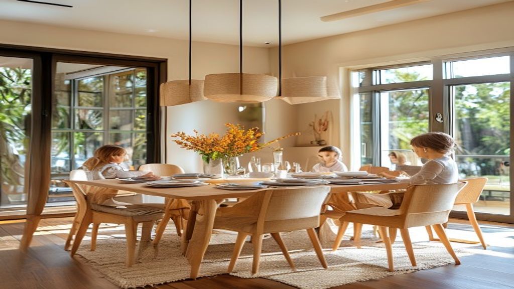 Modern dining room set table with sleek wooden surface, matching chairs, and a decorative centerpiece