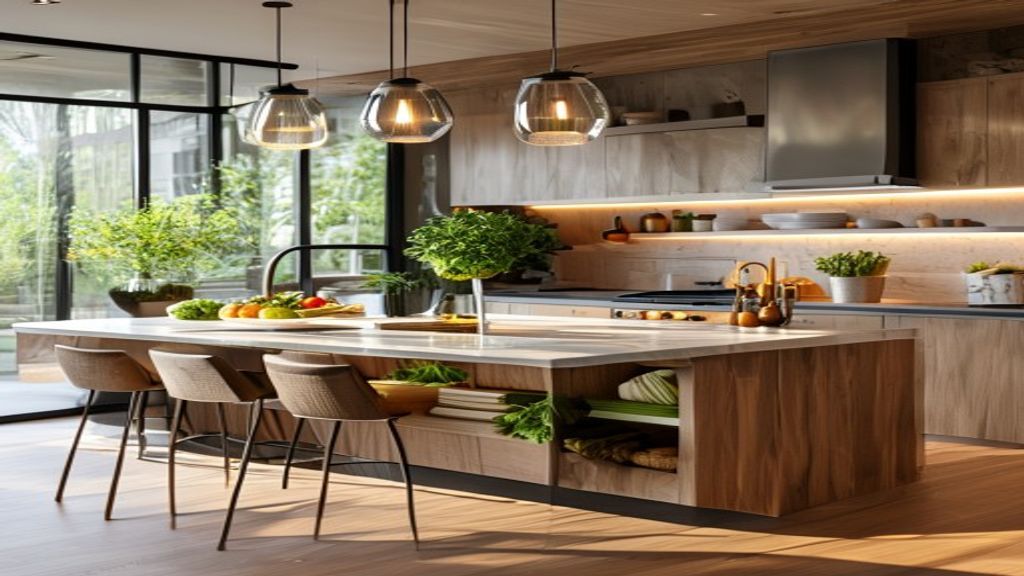 Modern kitchen furniture set featuring sleek cabinets, sturdy countertop and stylish dining table.