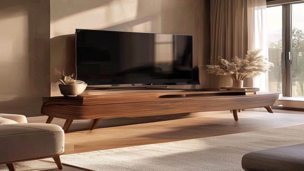 Elegant black wood luxury TV stand with glass shelves and brushed gold accents, showcasing premium media storage