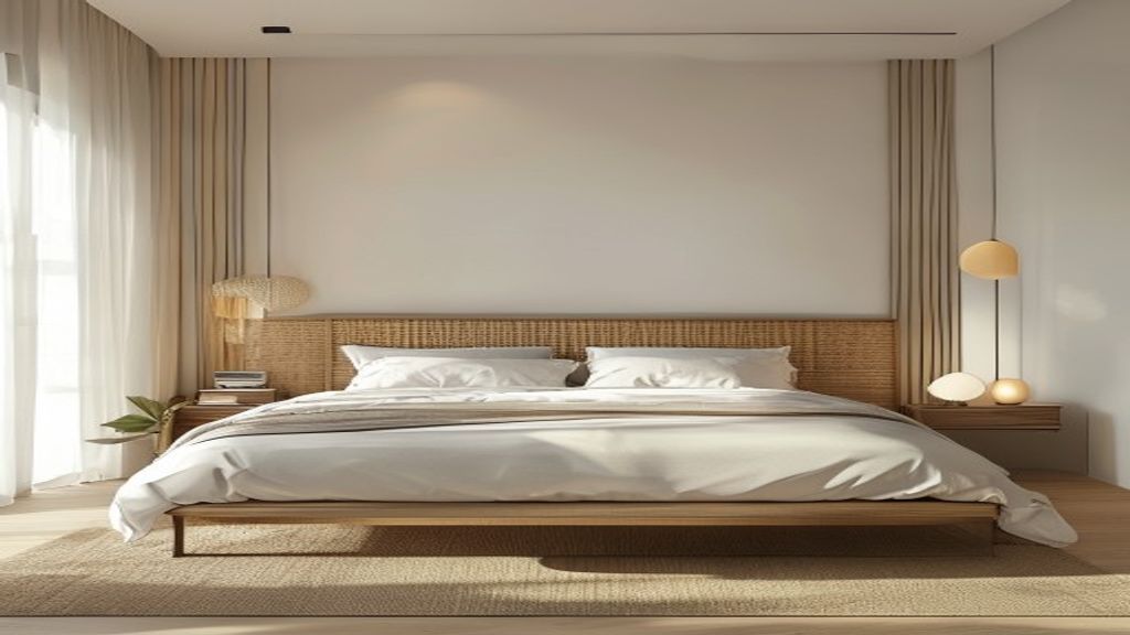 Cozy bedroom set featuring a wooden bed, nightstand, dresser, and sleek lamp for modern home decor.